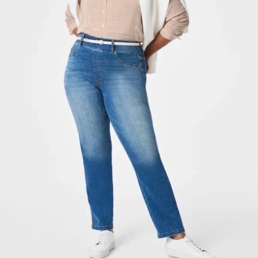 Spanx Women Sz 1X Ankle Straight Leg Jeans Medium Wash Blue Pull On